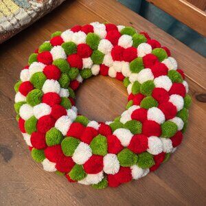 Red, Green & White Pom-Pom Wreath Winter wonderland holiday Christmas  decor
